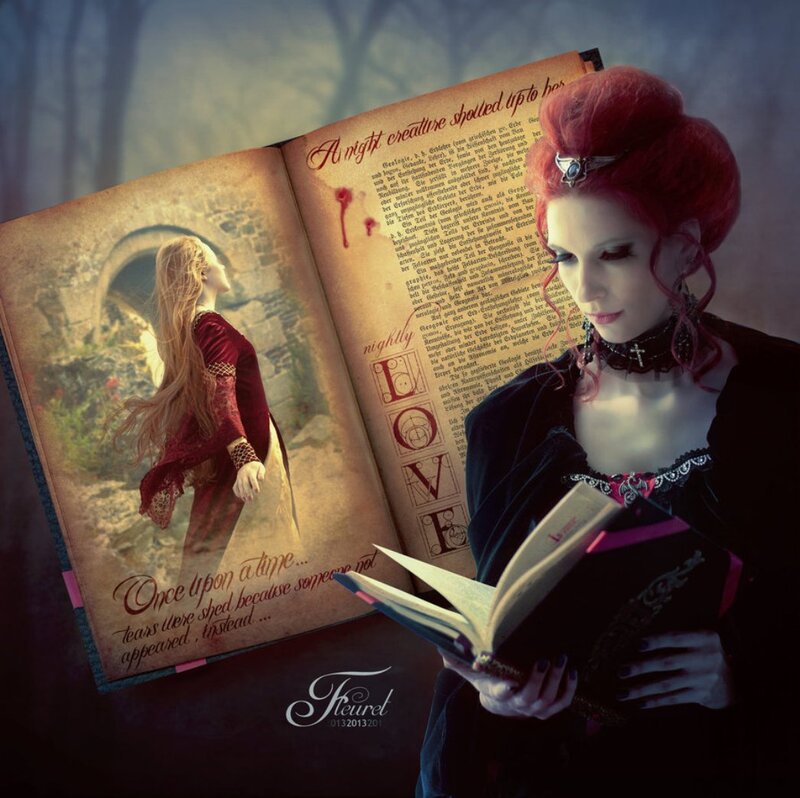 Woman Reading Book — Black, Dramatic, Night, Digital Art, Red Hair