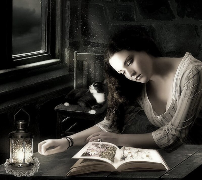 Woman Reading Book — Black, Dramatic, Night, Digital Art