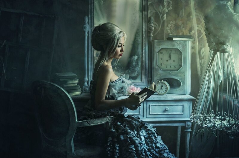 Woman Reading Book — Blue, Dramatic, Night, Digital Art, Clock