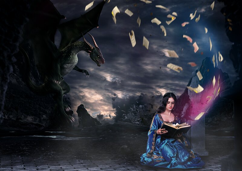 Woman Reading Book — Blue, Dramatic, Night, Digital Art, Dragon