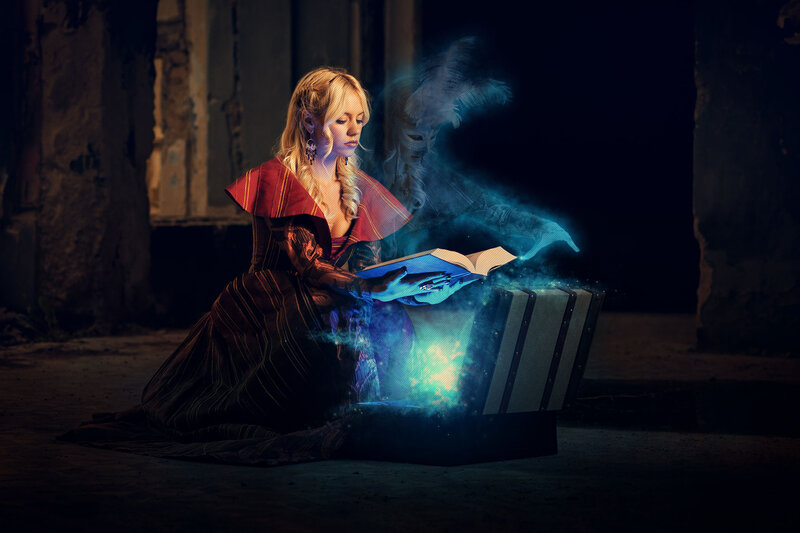 Woman Reading Book — Blue, Dramatic, Night, Digital Art