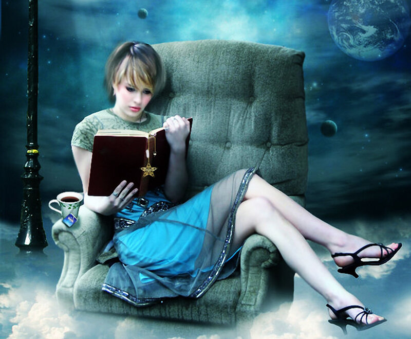 Woman Reading Book — Blue, Dreamy