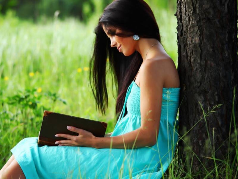 Woman Reading Book — Blue, Serene, Afternoon, Photograph