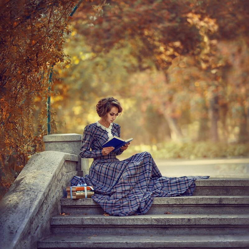 Woman Reading Book — Blue, Serene, Autumn