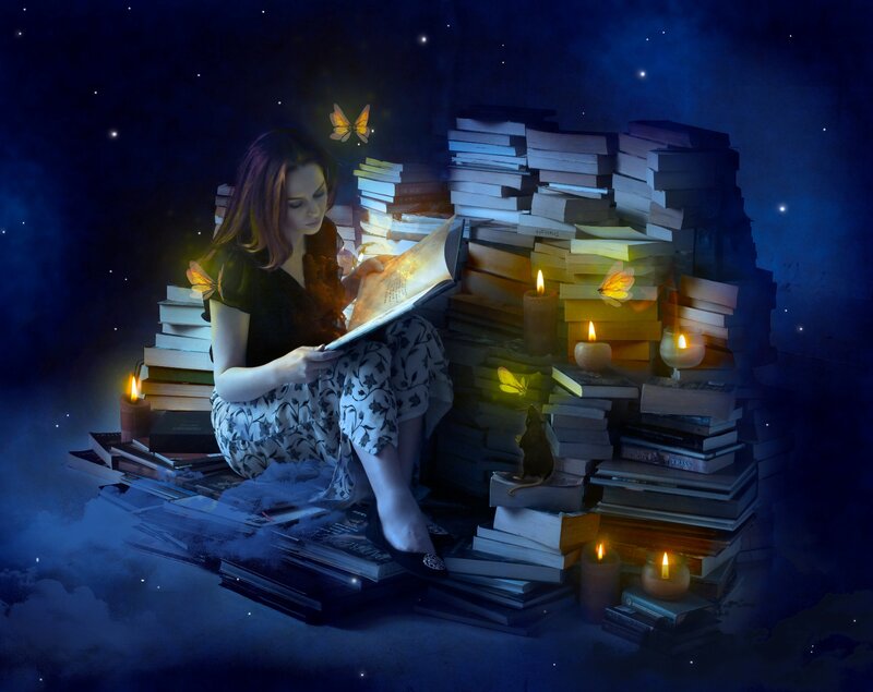 Woman Reading Book — Blue, Serene, Night