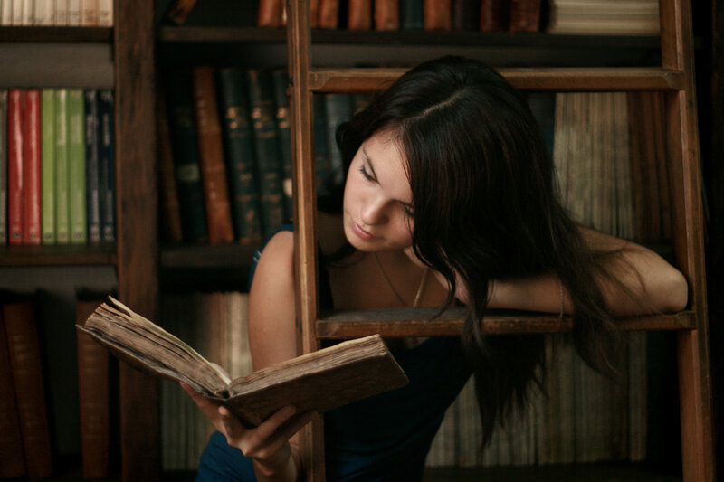 Woman Reading Book — Brown, Calm, Photograph, Bookshelf