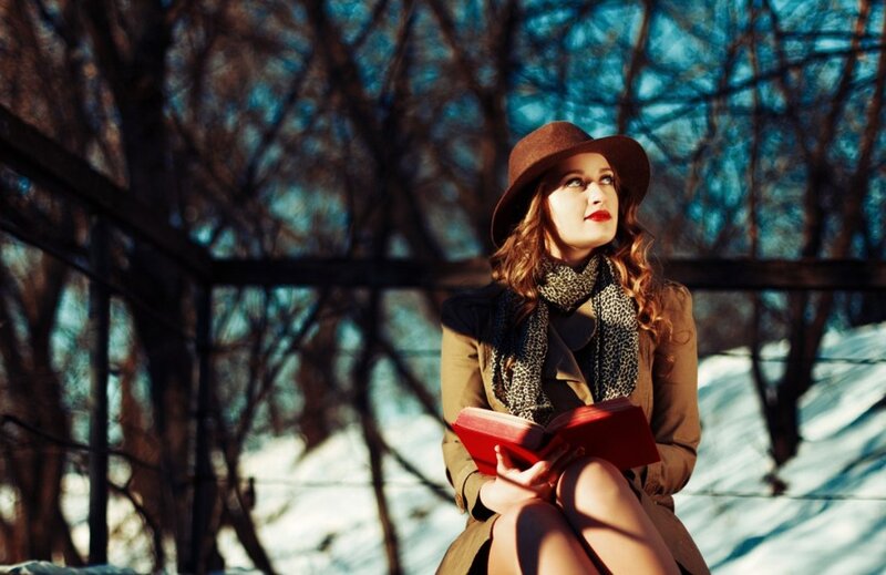 Woman Reading Book — Brown, Contemplative, Winter