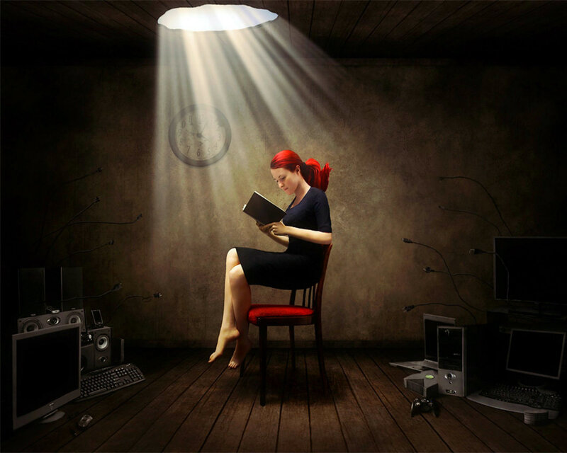 Woman Reading Book — Brown, Dramatic, Digital Art