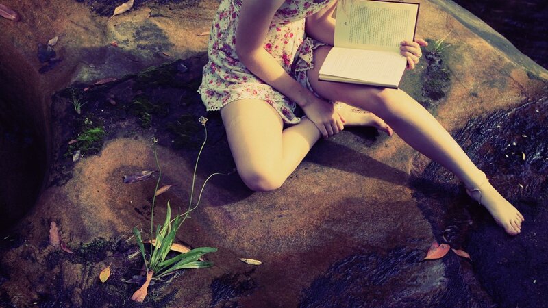 Woman Reading Book — Brown, Serene, Afternoon, Photograph, Rock