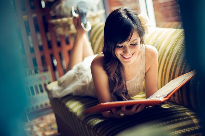 Woman Reading Book — Green, Relaxed, Afternoon, Photograph, Couch