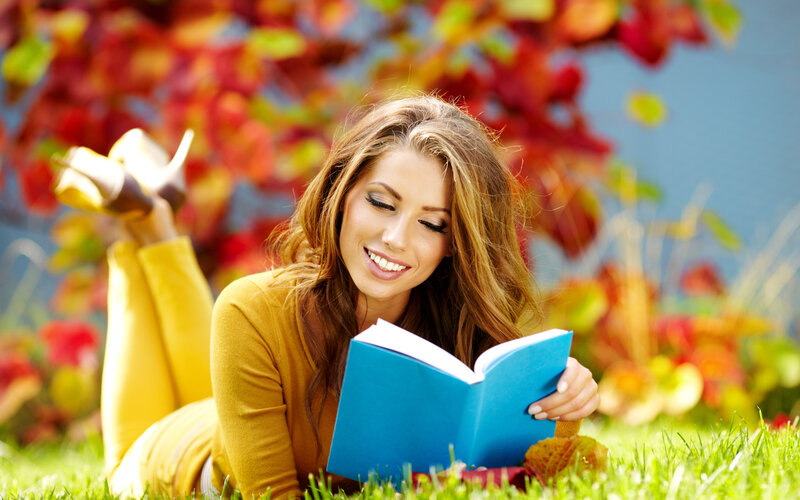 Woman Reading Book — Green, Relaxed, Autumn