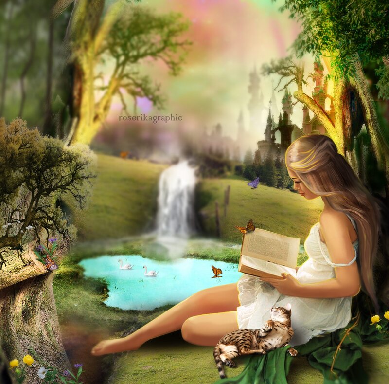 Woman Reading Book — Green, Serene, Afternoon, Digital Art, Cat