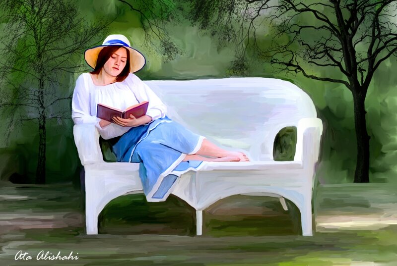 Woman Reading Book — Green, Serene, Afternoon, Digital Art