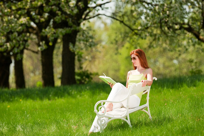 Woman Reading Book — Green, Serene, Afternoon, Photograph, Bench
