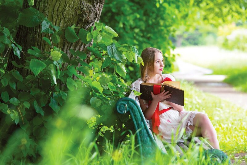 Woman Reading Book — Green, Serene, Afternoon, Photograph, Bench, Tree