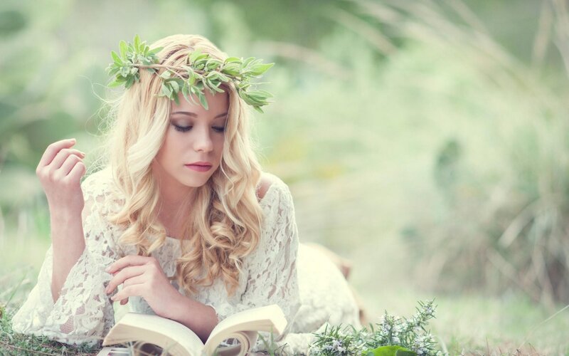 Woman Reading Book — Green, Serene, Afternoon, Photograph, Crown of Leaves, Lace Dress