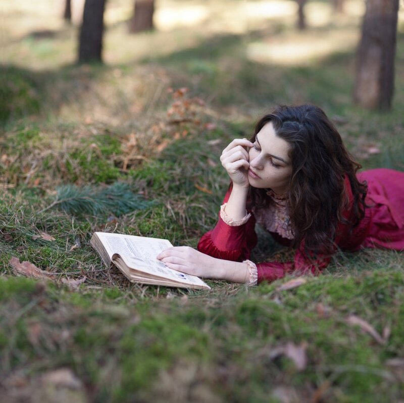 Woman Reading Book — Green, Serene, Afternoon, Photograph, Forest