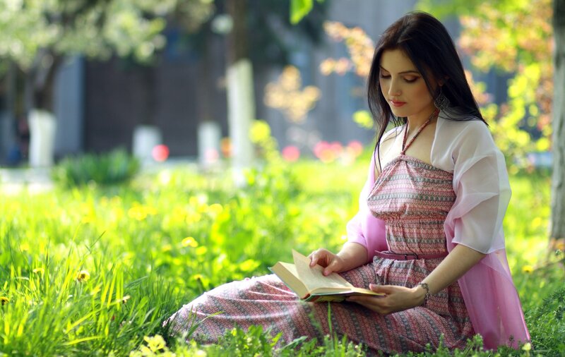 Woman Reading Book — Green, Serene, Afternoon, Photograph, Grass