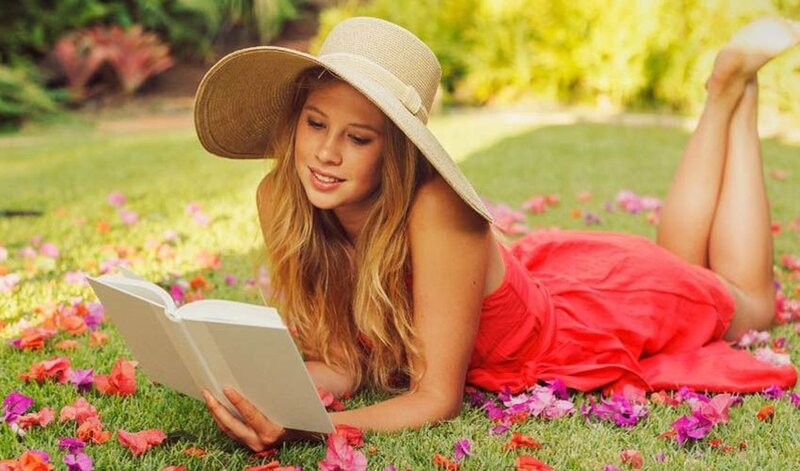 Woman Reading Book — Green, Serene, Afternoon, Photograph, Sun Hat
