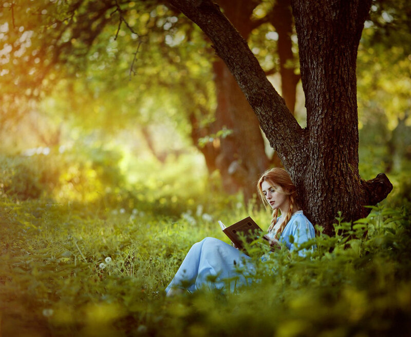 Woman Reading Book — Green, Serene, Afternoon, Photograph, Tree