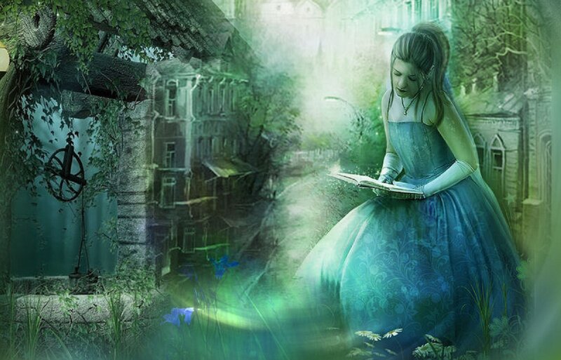 Woman Reading Book — Green, Serene, Digital Art, Dress