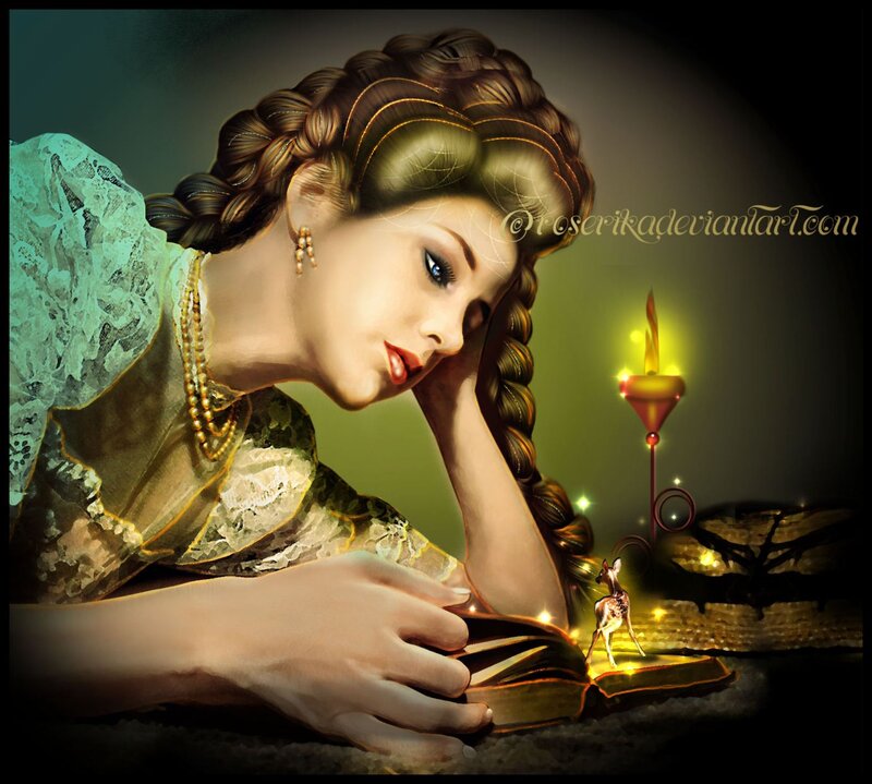 Woman Reading Book — Green, Serene, Night