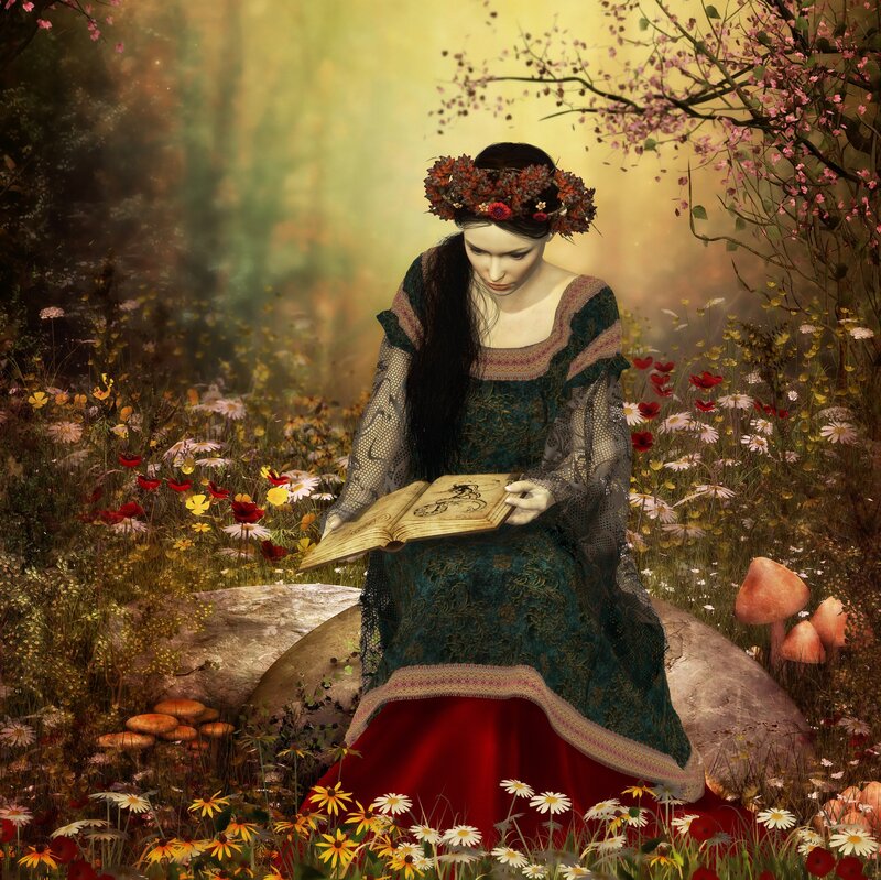 Woman Reading Book — Green, Serene, Spring, Digital Art