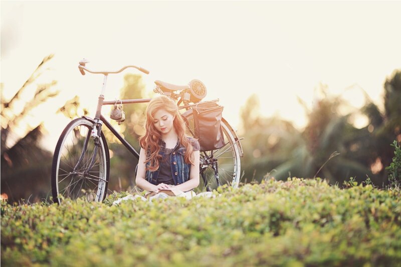 Woman Reading Book — Green, Serene, Sunset