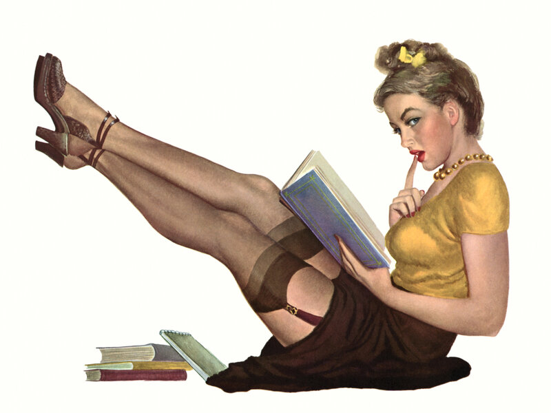 woman reading book in pin-up style