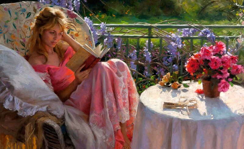 Woman Reading Book — Pink, Serene, Afternoon, Painting
