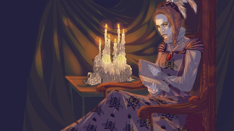 Woman Reading Book — Purple, Dramatic, Night, Digital Art, Candles