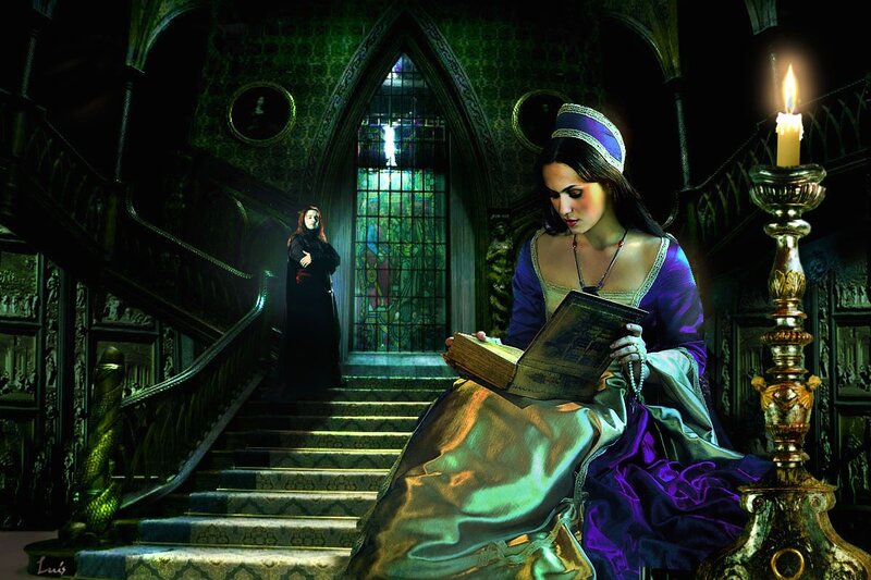 Woman Reading Book — Purple, Dramatic, Night, Digital Art