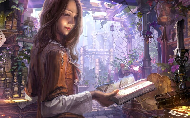 Woman Reading Book — Purple, Serene, Afternoon, Digital Art