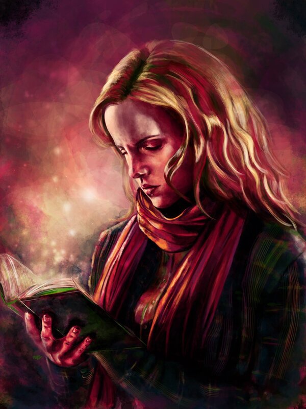 Woman Reading Book — Red, Dramatic, Digital Art, Scarf