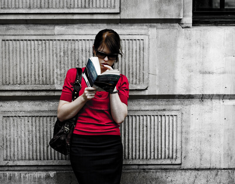 Woman Reading Book — Red, Focused