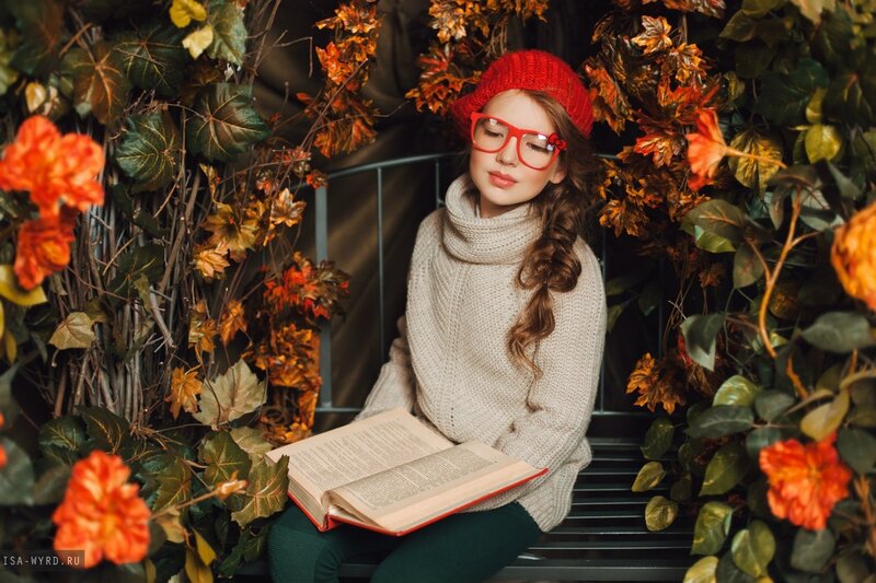 Woman Reading Book — Red, Serene, Autumn