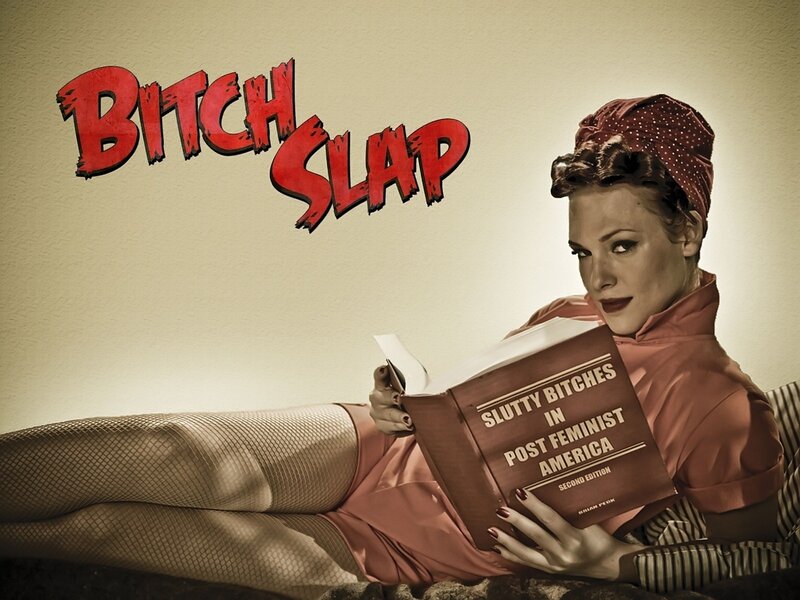 Woman reading book titled Bitch Slap