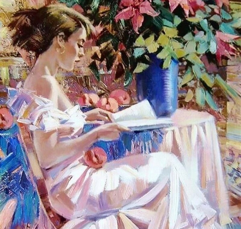 Woman Reading Book — White, Serene, Afternoon, Painting, Flowers, Table