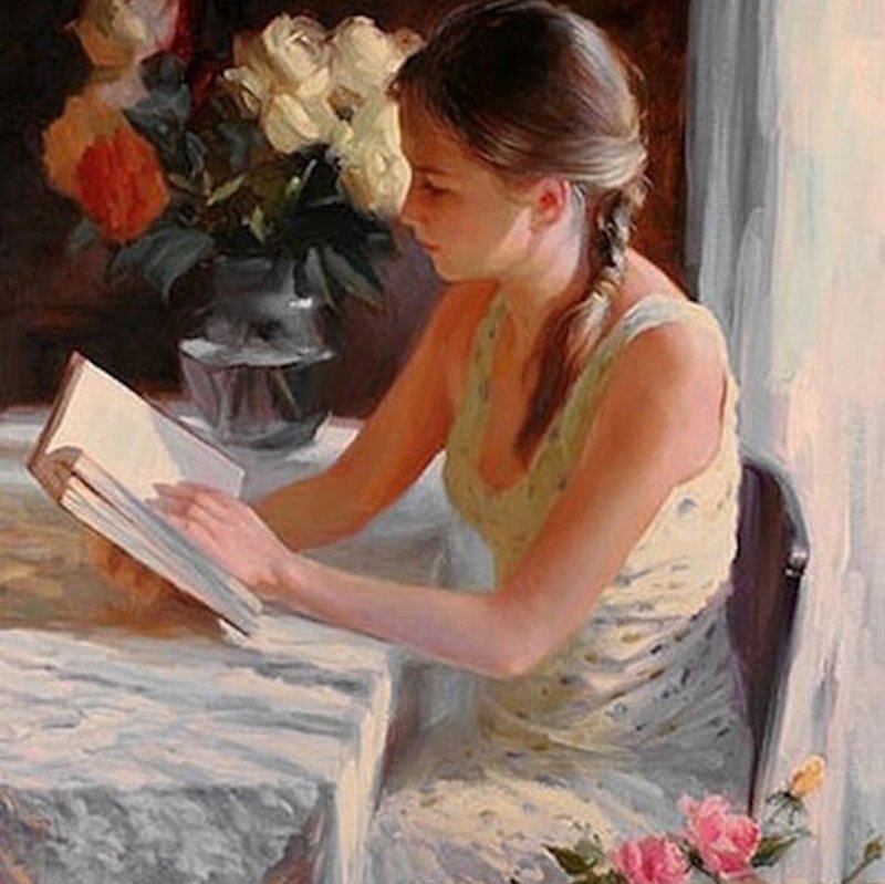 Woman Reading Book — White, Serene, Afternoon, Painting, Flowers