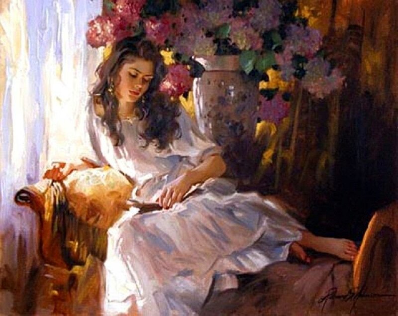 Woman Reading Book — White, Serene, Afternoon, Painting, Flowers, Vase