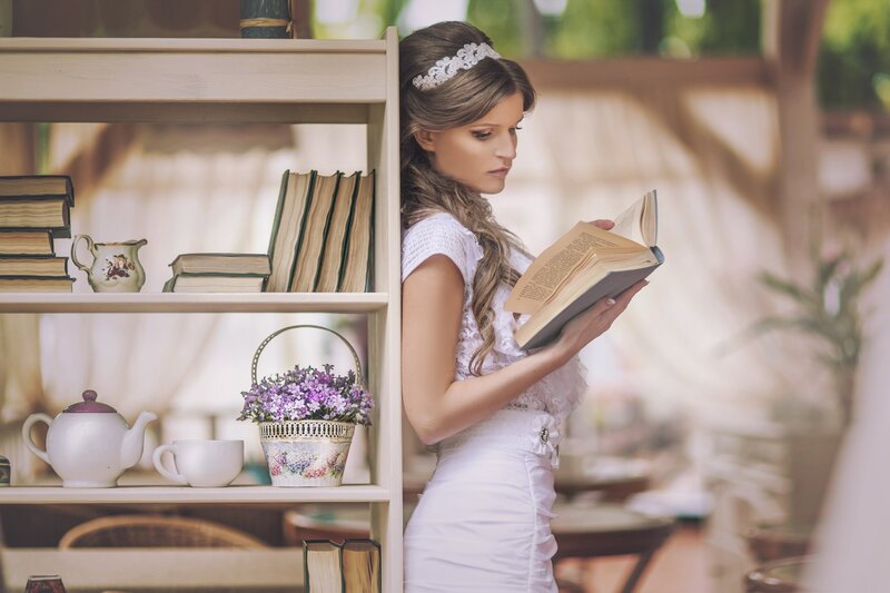 Woman Reading Book — White, Serene, Afternoon, Photograph, Bookshelf