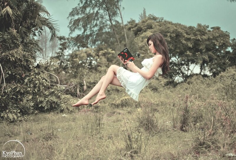 Woman Reading Book — White, Serene, Afternoon, Photograph, Grass