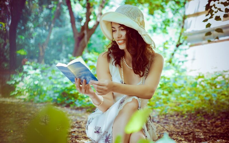 Woman Reading Book — White, Serene, Afternoon, Photograph, Hat