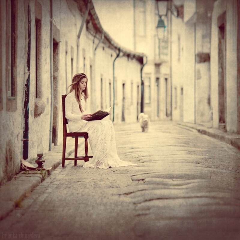 Woman Reading Book — White, Serene, Photograph, Dog