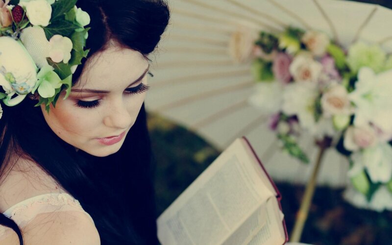 Woman Reading Book — White, Serene, Photograph, Flowers