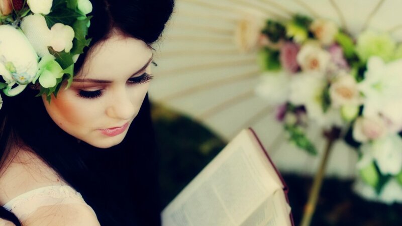 Woman Reading Book — White, Serene, Photograph, Flowers, Umbrella