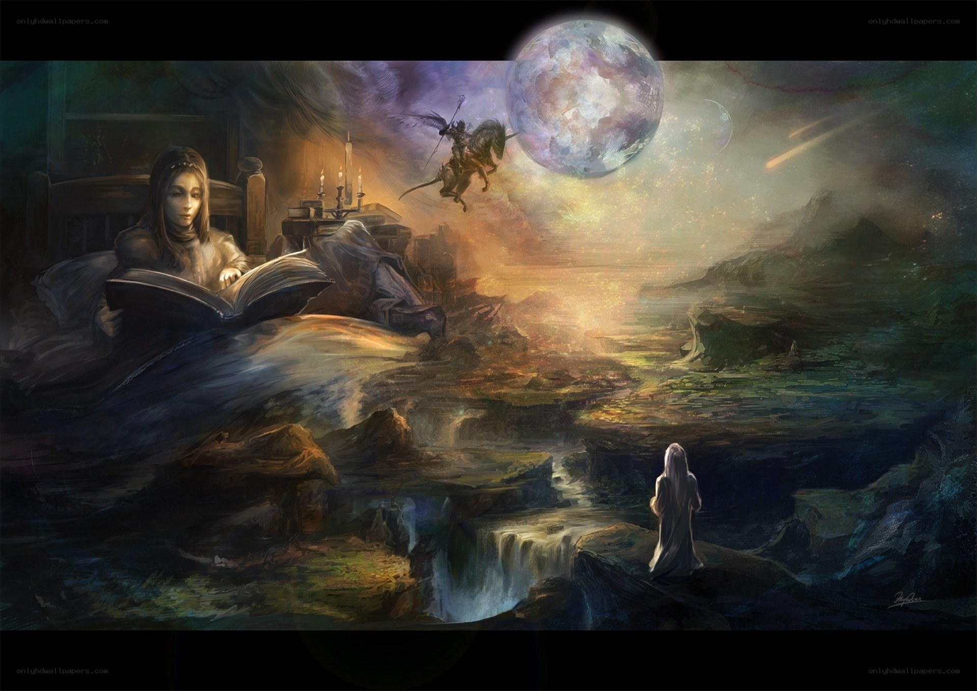 Woman reading by moonlight
