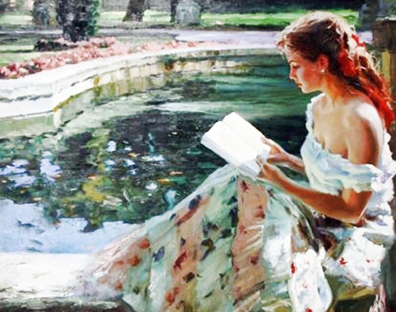 Woman Reading by Pond — White