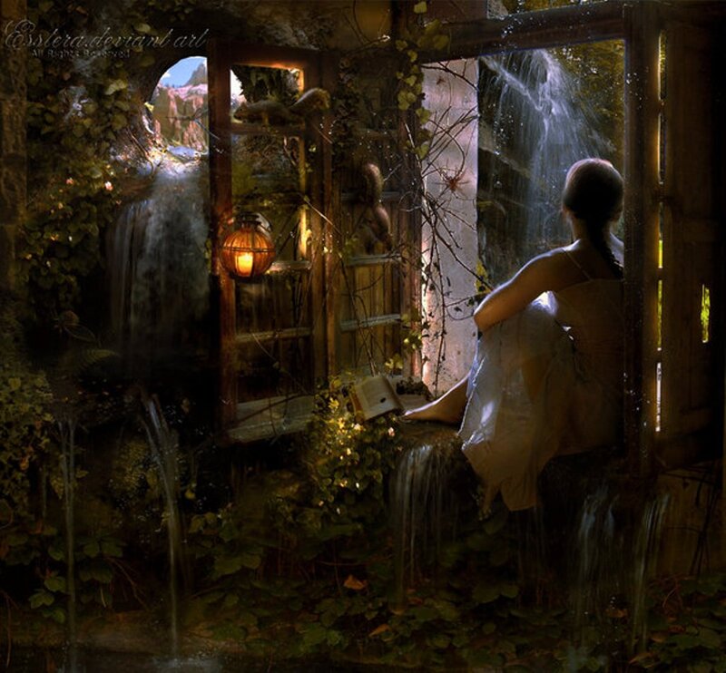 Woman Reading by Waterfall