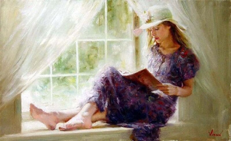Woman Reading by Window — Purple